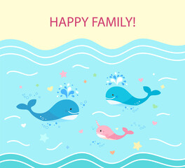 Naklejka premium Square Card, happy family of whales. Dad is blue whale, mom and cub. floating on the sea.