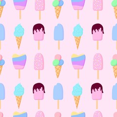 Seamless pattern with the image of ice cream in a cone and ice cream on a stick. Cute cartoon isolated seamless pattern. Design for fabric, clothing, paper, packaging.