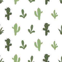 Cute hand drawn cartoon palms and cacti. Seamless pattern. Print for printing on fabric, wallpaper, paper, packaging.