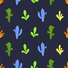 Cute hand drawn cartoon palms and cacti. Seamless pattern. Print for printing on fabric, wallpaper, paper, packaging.