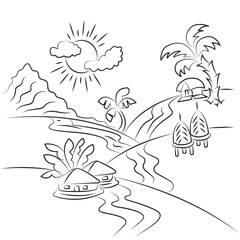 cute cloud hill house tree sun line cartoon style suitable for kids coloring page background vector illustration.