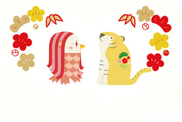 向き合う虎とアマビエ、松、竹、梅の飾り、薄い色の花の背景があるイラスト
