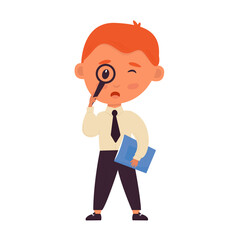 student with magnifying glass. Schoolboy in uniform with notebook. Cute cartoon character. Design element. back to school. Vector illustration, flat