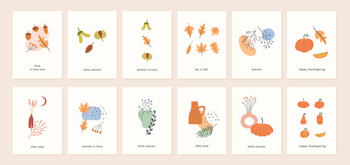 Fototapeta na wymiar Set of autumn mood greeting cards and poster templates. Fall season minimal wall art. Twigs with leaves, foliage, berries, pumpkins, vases, abstract shapes. Vector postcards in simple flat style.