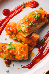 Plate with tasty stuffed cabbage rolls, closeup