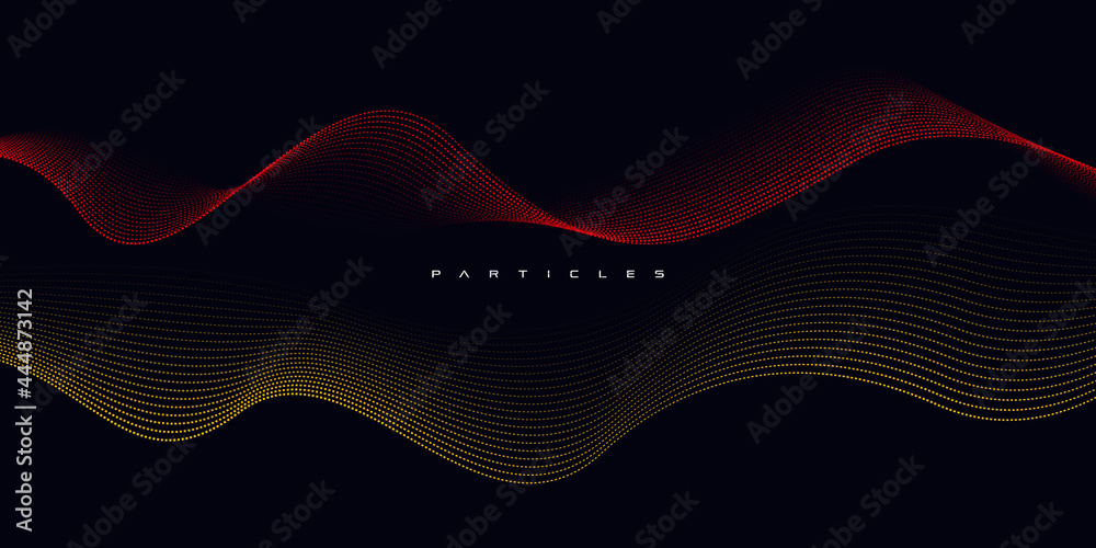 Poster wave vector element with abstract colorful dots line on dark background. particles flow motion illus