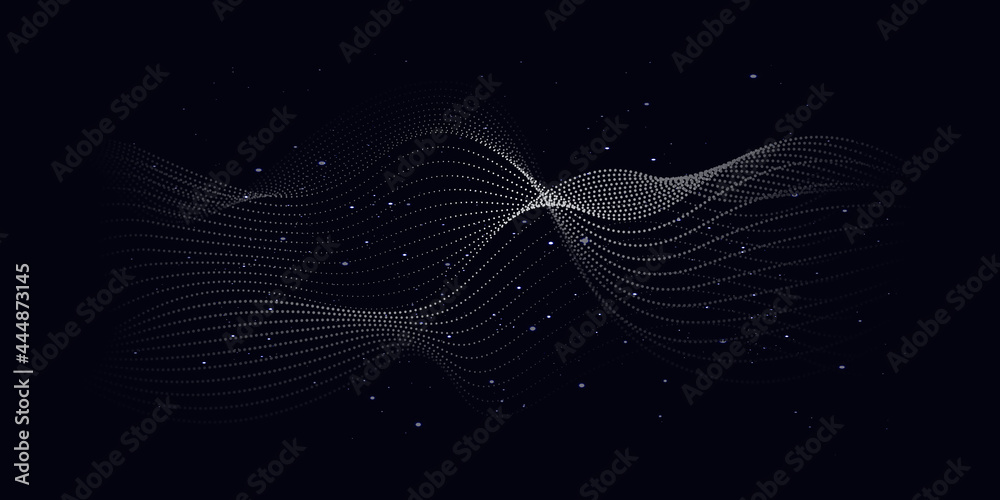 Poster wave vector element with abstract dots line on dark background. futuristic data stream illustration 