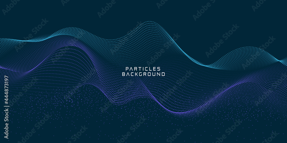 Poster wave vector element with abstract colorful dots line on dark background. particles flow motion illus