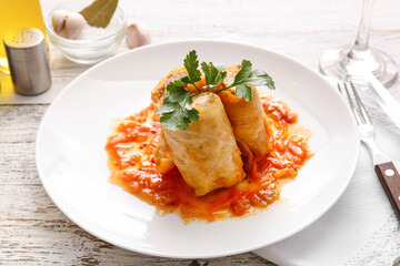 Plate with tasty stuffed cabbage rolls on light wooden background