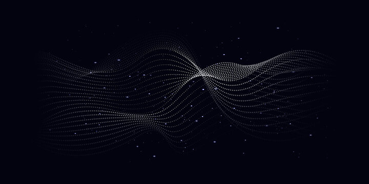 Wave vector element with abstract dots line on dark background. Futuristic data stream illustration use for quantum technology, digital, science, music, communication.