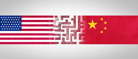 China US challenge and USA or United States trade and American tariffs conflict with two opposing trading partners as an economic import and exports dispute concept