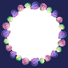 Round frame, border of watercolor figs. Hand drawn bright decoration, images of berry, fruit in sketch style. For food design, packaging