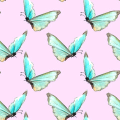 Seamless pattern of blue watercolor abstract translucent butterflies. Hand drawn delicate background and texture for wrapping paper, scrapbooking, children, girls or nature design