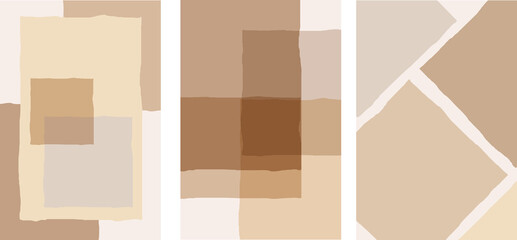 Collection of modern simple artistic minimalistic abstractions with geometric shapes (squares) on a beige background. Shapes are hand-drawn