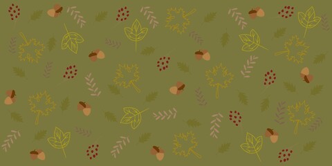 Autumn patter illustration. Colorful autumn leaves and fruits decoration on dark green background. Vector illustration.	
