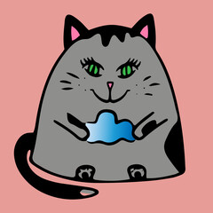 Cat holding a cloud in its paws, green eyes, gray cute kitty, color doodle, Scandinavian style, cute illustration, cartoon drawing, hand-drawn, red cat, vector illustration