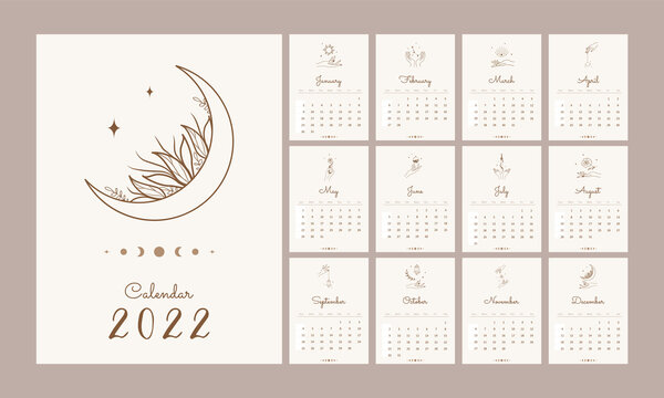 Magic Calendar 2022. Template With Hands And Celestial Elements. Abstract Aesthetic Vector Illustration In Boho Style.