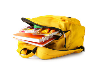 Naklejka premium School backpack with stationery on white background