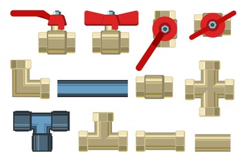 Set. Fittings, taps, bends and fittings. Copper and brass. Spare parts for pipelines, sewerage, gas pipelines and any liquids. Isolated on a white background. Illustration Vector
