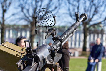Anti-aircraft machine gun at the Victory Day holiday on streets of Petersburg
