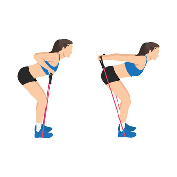 Woman doing Resistance band workout for bicep and triceps. Tricep press. exercise. Flat vector illustration isolated on white background