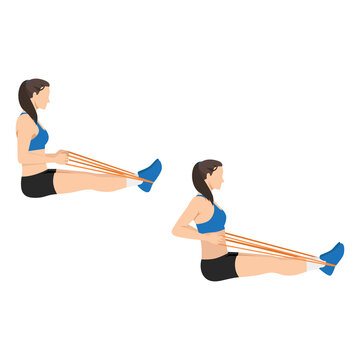 Woman doing Band seated row exercise. Flat vector illustration isolated on white background