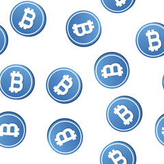 Bitcoin seamless pattern. Cryptocurrency on white background. Blockchain technology. Crypto currency texture wallpaper in trendy blue gradient style.