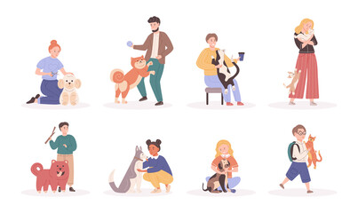 Collection of different people pet owners spending time with domestic animals cartoon vector