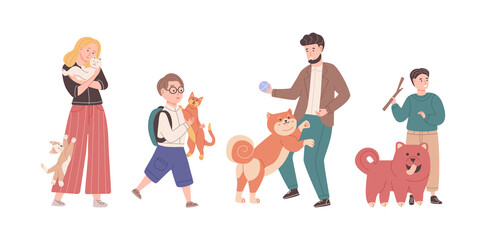 Collection of different people pet owners spending time with domestic animals cartoon vector
