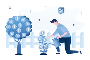 Businessman or investor watering money trees. Venture fund investing in new startups. Potential profitable projects or business. Entrepreneur grows successful business.