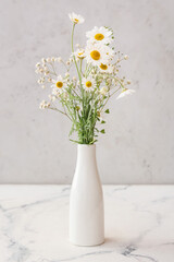 Vase with beautiful chamomile flowers on light background