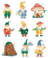 Garden gnomes. Fairytale dwarf elves characters and their houses. Cute mushroom elf house. Flat cartoon happy fairy tale gnomes vector set. Snail Building, funny statuettes with plants