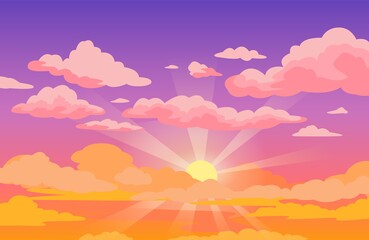 Sunset sky with clouds. Beautiful purple to yellow sky anime background with sunrays and pink fluffy clouds. Cartoon vector illustration. Sunrise morning cloudscape or outdoor twilight