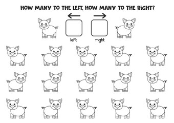 Left or right with black and white farm pig. Logical worksheet for preschoolers.