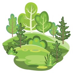 Flat forest. Illustration in a simple symbolic style. Funny green landscape. Isolated. Comic cartoon design. Cute scene with trees. Country Wild Scenery. Vector
