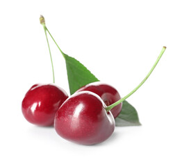 Tasty ripe cherries on white background