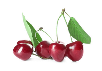 Tasty ripe cherries on white background