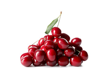 Heap of tasty ripe cherry on white background