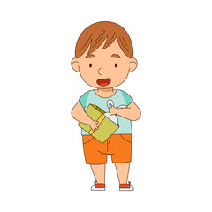 Excited Little Boy Opening Gift Box Rejoicing at Present Vector Illustration