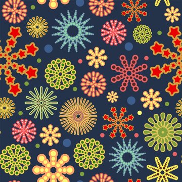 Festive background. Night. Square Seamless pattern. Bright flashes of fireworks in a symbolic style. Petard and squib. Flat design. Cartoon style. Vector