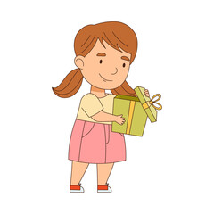 Little Girl with Ponytails Holding Gift Box as Holiday Present Vector Illustration