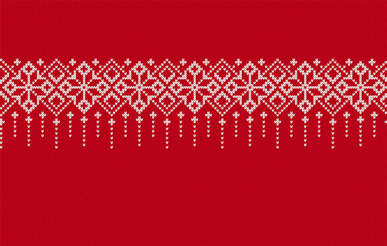 Knit Seamless Border. Red Knitted Texture. Christmas Pattern. Holiday Fair Isle Traditional Background. Xmas Festive Print. Ornamen With Flowers. Geometric Sweater Pullover. Vector Illustration.