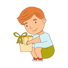 Redhead Little Boy Holding Gift Package as Holiday Present Vector Illustration