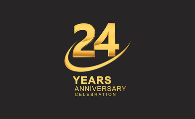 24th years anniversary with swoosh design golden color isolated on black background for celebration