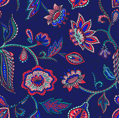 Fantastic ethnic vector seamless pattern with stylized plants in Asian style. Beautiful print for fabrics and packaging products. Botanical surface design.