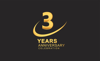 3rd years anniversary with swoosh design golden color isolated on black background for celebration