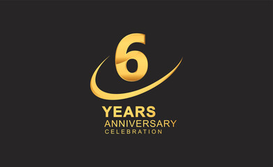6th years anniversary with swoosh design golden color isolated on black background for celebration