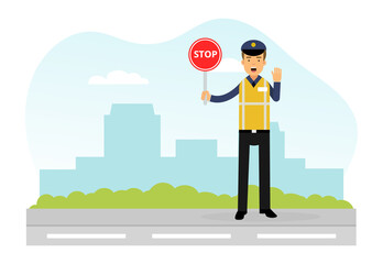 Man Road Policeman in Yellow Waistcoat as Highway Patrol Engaged in Overseeing and Enforcing Traffic Safety on Roads Vector Illustration