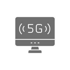 Personal computer with 5G internet grey icon.