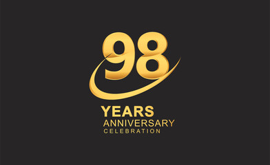98th years anniversary with swoosh design golden color isolated on black background for celebration